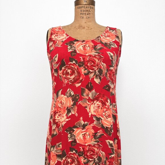 Vintage 90s Express Red Floral Sleeveless Maxi Dress Size 9/10 Medium - Picture 2 of 15